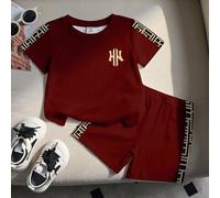 1 Set Abbigliamento casual per neonati maschi, composto da maglietta a maniche corte con collo rotondo e stampa di lettere e motivi geometrici a quadri, e pantaloncini in maglia morbida, adatto per us