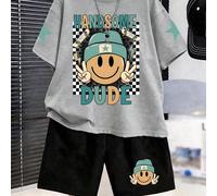 1 Set Adatto Per Ragazzi Preadolescenti, Maglietta A Maniche Corte Con Pantaloni Della Tuta, Con Stampa Di Volti, Regalo Estivo Perfetto Per La Scuola E L'Uso All'Aperto, Primavera/Estate 6Y,7Y,8Y,9Y,