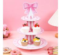1 set Alzata per torta con fiocco rosa, Supporto per cupcake in carta rosa con fiocco carino, Vassoio per torta a più strati per decorazioni di torte con fiocco rosa per feste, Decorazioni per feste a