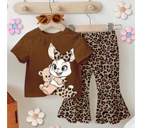 1 Set Bambina Maglietta a Maniche Corte con Collo Tondo e Stampa Leopardata a Orecchie di Coniglio Carino e Leggings Lavorati a Maglia, Set Maglietta Stampa Leopardata, Abbigliamento con Stampa Conigl
