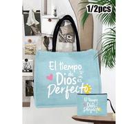1 Set Blu in Lino 2 Pezzi con Manici, Stampato con Motivo a Lettere "El-Tiempo Love", Regalo Personalizzato per Anniversario di Matrimonio o Compleanno di un'Amica, Borsa a Spalla in Tela di Moda da D