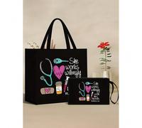 1 Set Borsa e Trousse da Infermiera, Stile Casual, Materiale in Tessuto, Tracolla Fissa, Stampati con Motivi di Stetoscopio, Cuore, Siringa, Termometro, "Le Piace Lavorare Con Le Sue Mani" Borsa grand