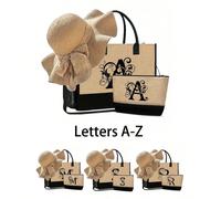 1 Set Borsa Tote da Spiaggia da Donna, Borsa in Tela e Cappello, Lettera da A a Z, Adatto per Matrimoni, Compleanni, Festival e Altre Occasioni, Un Ottimo Regalo per Donne, Madri, Insegnanti, Amici, D