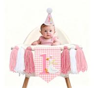 1 set Cappello & Striscione stile rosa a quadri per il 1° compleanno, Decorazioni a tema oca per il 1° compleanno, Decorazioni per il primo compleanno per bambini & bambine. Adatto per decorazioni del