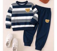 1 Set casuale, Completo di felpa e pantaloni larghi con stampa di orso a righe blu navy e beige per ragazzo giovane, stile vintage americano, outfit autunnale per il ritorno a scuola 6Y,7Y,8Y,4Y,5YTes