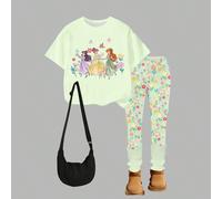 1 Set Completo Casual e Dolce per Ragazze Giovani, Maglietta a Maniche Corte con Stampa da Principessa e Leggings con Motivo Farfalla e Cerbiatto, Outfit Estivi, Set Primaverile/Estivo con Stampa Cari