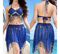 1 Set Costume da Danza del Ventre da Donna, Gonna Trasparente in Chiffon con Paillettes e Frange, Top Canotta con Paillettes e Frange Realizzato a Mano, Il Costume della Gonna con Paillettes Adotta Un