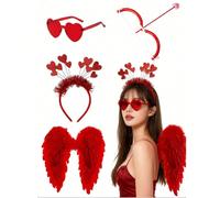 1 Set Costume di San Valentino Cupido, include Ali Rosse, Arco e Freccia, Fascia per Capelli e Occhiali, Adatto per Cosplay, Accessori Fotografici, Regali di Compleanno, Decorazioni Romantiche, Serate