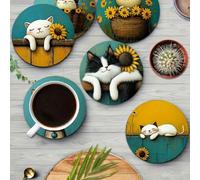 1 Set da 8, Sottobicchieri in legno con motivi di gatti e girasoli, sottobicchieri per auto, sottobicchieri per tè e caffè, decorazioni per la casa e regali per il riscaldamento della casa, ottimo reg