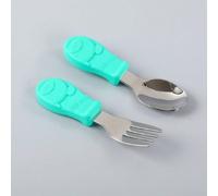 1 Set Di 2 Cucchiai E Forchette Corte In Acciaio Inox Per Bambini E Bambini Per Imparare A Mangiare, Adatti Per 2-3 Anni Con Punta Piegata Per L'allenamento Con Cibo Complementare, In Acciaio Inossida