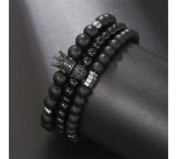 1 Set Di 3 Pezzi Kit Bracciale Uomo Alla Moda Punk Hip Hop In Acciaio Inossidabile Elasticizzato Con Corona, Strass, Perle, E Decorazione Di Agata Per Un Aspetto Versatile Pietra