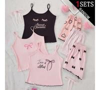 1 Set di abbigliamento da casa per ragazze adolescenti stile blind box 3-in-1, include 3 diversi stili di set canottiera e pantaloncini: stile testo base nero, stile cuore e ciglie rosa & nero, stile 
