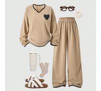 1 Set di abiti casual e alla moda con stampa a forma di cuore per ragazze, con top a scollo a V piccolo e pantaloni a micro bavero a maniche lunghe, molto adatto per l'uso quotidiano a casa in primave