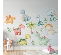 1 set di adesivi murali di dinosauri in acquerello fantasiosi - impermeabili, autoadesivi, dinosauri cartoni animati multicolori con foglie di palma, perfetti per la decorazione della camera dei più g