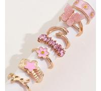 1 Set Di Anelli In Smalto Rosa Dolce, Comprende Anelli A Forma Di Stella A Cinque Punte, Farfalla, Piccola Margherita E Lettere Tagli UnicaLega di zinco