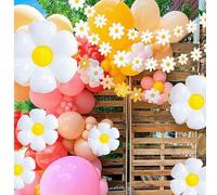 1 set di bandierine di carta bianche e colorate a forma di piccola margherita e palloncini di margherite di dimensioni piccole e medie, adatto per feste a tema, matrimoni, addii al celibato un set com