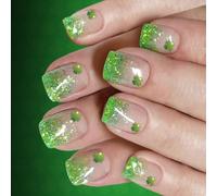 1 set di comode unghie artificiali, in ABS da spingere, design francese, verde brillante, per l'uso quotidiano, ABS sicuro, per spingere le unghie