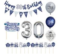 1 set di decorazioni per il 30° compleanno, bandiera delle lettere, bandiera triangolare, palloncini in lattice e pellicola, inserti glitterati, adatto per decorazioni per feste, regalo (blu)