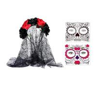 1 set di ghirlanda di rose di Halloween, velo nero vintage, fascia per capelli, tatuaggi temporanei per il viso, copricapo floreale