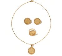 1 set di gioielli in lega di rame placcato oro stile vintage con ciondolo a moneta, orecchini, anello, collana, adatto per uso quotidiano delle donne, regalo per le vacanze Tagli UnicaLega di rame