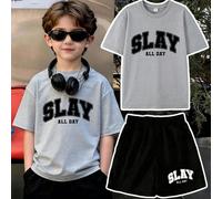 1 Set di maglietta a maniche corte e pantaloni della tuta per ragazzi e adolescenti, con stampa grafica "SLAY", regalo estivo perfetto per la scuola e l'uso all'aperto, primavera/estate 6Y,7Y,8Y,9Y,10