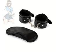 1 set di manette in pelle di peluche nere regolabili con benda, oggetti di scena per feste di Natale