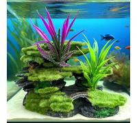 1 Set di nuove decorazioni per acquario con piante acquatiche e rocce - Rocce in resina ABS durevole con muschio artificiale e piante acquatiche viola, che migliorano il paesaggio sommerso e l'habitat