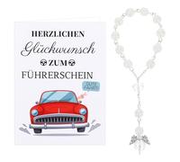 1 set di patente di guida, regalo passato, portafortuna, angelo custode auto, bianco, set con biglietto e bracciale per test di guida, nuova auto, rosario, decorazione interna per primo pilota/primo