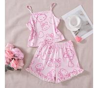 1 Set di pigiami eleganti e alla moda, composto da una canottiera rosa con stampa a cuore e coniglio e un paio di pantaloncini rosa con stampa a cuore e coniglio, 2 pezzi, adatto per ragazze adolescen