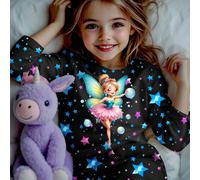 1 Set di pigiami per ragazze giovani, con stampa di stelle nere e fate danzanti che brillano sotto la luce UV, top a maniche lunghe e pantaloni casual e comodi, adatti come pigiama o abbigliamento cas