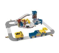 1 set di pista da corsa di costruzione per binari per auto elettriche con camion, carrello elevatore, tram e altro ancora, giocattoli ingegneristici flessibili a batteria per ragazzi di 3-8 anni