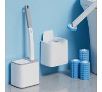 1 Set di spazzola per WC monouso con coperchio automatico a ribalta e base rinforzata, uso doppio da parete e da terra, con soluzione detergente antibatterica e testina spazzola di ricambio in spugna,