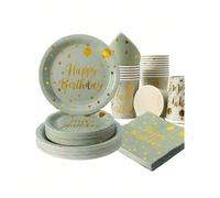 1 set di stoviglie monouso per compleanno, include piatti di carta verdi salvia e dorati da 7/9 pollici, bicchieri e tovaglioli, piatti di carta e tovaglioli monouso per decorazioni e forniture per fe
