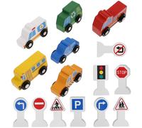 1 set di veicoli in legno e segnali stradali per bambini. Segnale stradale in