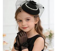 1 Set Elegante Cappello Vintage e Guanti in Rete per Bambini, Decorato con Rose di Raso e Perle, Adatto per Damigelle e Esibizioni sul Palco 8-12Y,12-16Y,3-8YquadriPoliestere