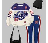 (1 Set) Felpa girocollo basic da ragazza con leggings, motivo a blocchi di colore blu navy, beige e rosso, a righe con stella a cinque punte e badge New York 67 6Y,7Y,4Y,5YBlocchi di colore,Lettere,A 