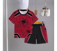 1 Set Maglietta a maniche corte girocollo e pantaloncini casual per ragazzi, con grafica di ragno e ragnatela, contrasto di rosso e nero, adatto per attività all'aperto, sport, scuola in primavera/est
