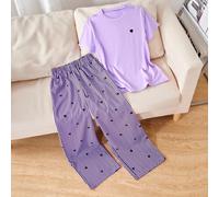 1 Set Maglietta a maniche corte + Pantaloni a gamba larga per ragazze, la parte superiore ha un semplice collo rotondo a maniche corte con un piccolo accento a forma di cuore nero, fresca e giocosa, l