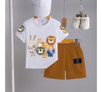 1 Set Maglietta e pantaloncini con stampa di animali cartoni animati per bambini piccoli, maglietta a maniche corte con disegno di leone e coniglio, pantaloncini, tessuto leggero adatto per uso casual