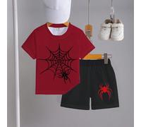 1 Set Maglietta rossa con grafica di ragnatela e ragno e pantaloncini neri per ragazzi, outfit leggero per il gioco quotidiano e di per la primavera/estate e le vacanze estive 6Y,7Y,4Y,5YAnimale,Grafi