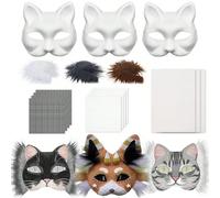 1 Set Maschera Faccia Gatto Bianca Vuota Kit Materiali Fai-da-Te, Include Base Maschera Bianca, Decorazioni in Peluche, Carta per Disegno a Rete, Può Essere Dipinta a Mano e Personalizzata, Adatta per