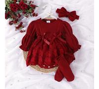 1 Set Neonata Elegante e Lussuoso Body Manica Lunga in in rete con Contrasto + Fascia per Capelli + Calzini, Autunno/Inverno 6-9M,9-12M,12-18M,1-3M,3-6MTessuto