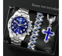 1 Set: Orologio al quarzo sportivo e da uomo in lega oversize con quadrante blu, collana con pendente a croce, braccialetto con cambio di colore, adatto per hip-hop, business e abbigliamento casual Ta