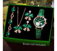 1 Set Orologio da donna classico e casual al quarzo con quadrante verde stellato, abbinato a un elegante set di gioielli con farfalla e cuore in lussuoso zirconia cubica verde, adatto per uso quotidia