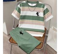 1 Set Outfit estivo a righe a maniche corte per ragazzi, completo casual sportivo per bambini, composto da T-shirt con logo cavallo e pantaloncini comodi, adatto per bambini medi e grandi, per uso all