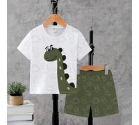 1 Set Outfit per Bambini in Stile cartoni animati, Maglietta Bianca a Maniche Corte Con Stampa Giocosa di Dinosauro Verde, Ricoperta Di Disegni A Linea Di Dinosauri, Abbinata A Pantaloncini Verdi, Ada