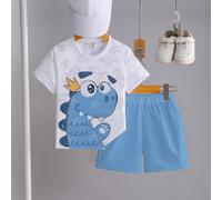 1 Set Outfit Ragazzo Bambino Stile Cartone Animato, Incluso maglietta Con Stampa Dinosauro Blu Con Corona, Circondata Da Disegni Di Dinosauri, Manica Corta, Abbinato A Pantaloncini Blu, Leggero, Adatt