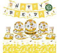 1 Set Piatti, Tovaglioli, Bicchieri, Tovaglia e Striscione Usa e Getta a Tema Ape Gialla "Bee Happy Birthday", Set di Forniture Usa e Getta per Feste a Tema Compleanno, Adatto per 25 Ospiti, Stoviglie