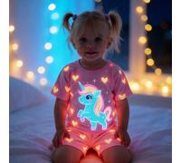 1 Set Pigiama a maniche corte e pantaloncini aderenti per bambine, con stampa all-over di unicorni carini, design che brilla al buio 2Y,3Y,9-12M,12-18M,18-24MFumetto,Geometrico,GraficoTessuto