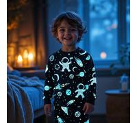 1 Set Pigiama a maniche lunghe aderente con stampa di astronauta e pianeta che brilla al buio, abbigliamento da notte comodo per primavera, autunno e tutte le stagioni per ragazzi 6Y,7Y,4Y,5Ystampa da
